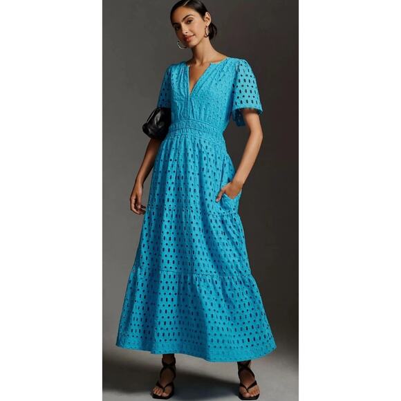 Anthropologie Dresses & Skirts - Anthropologie Blue Somerset Eyelet Edition V-Neck Tiered Maxi Dress Size XS NWT